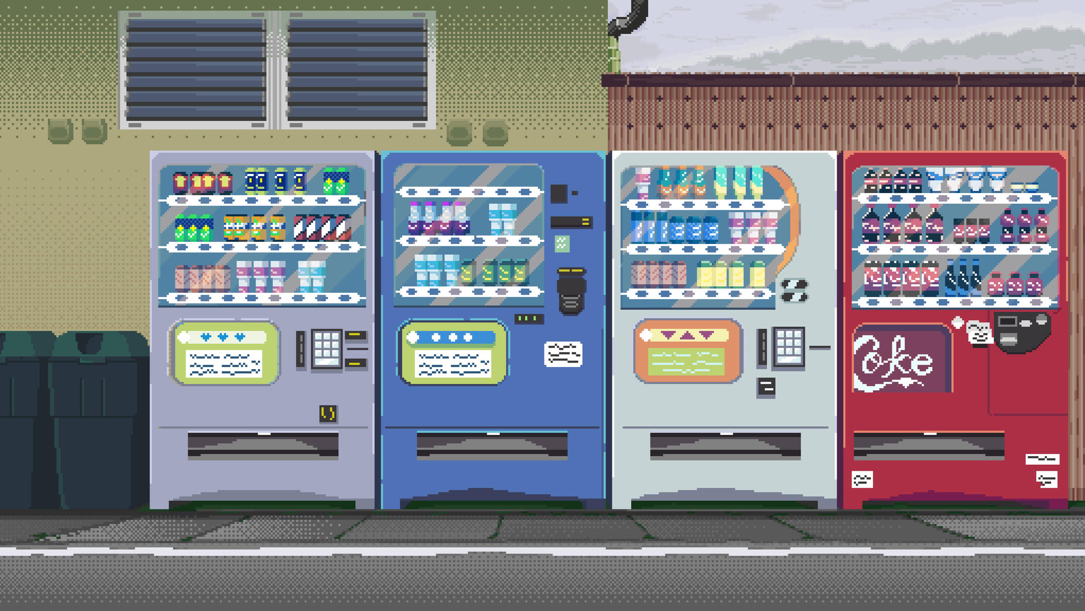 Vending Machine Street A street with 4 different vending machines containing various drinks.