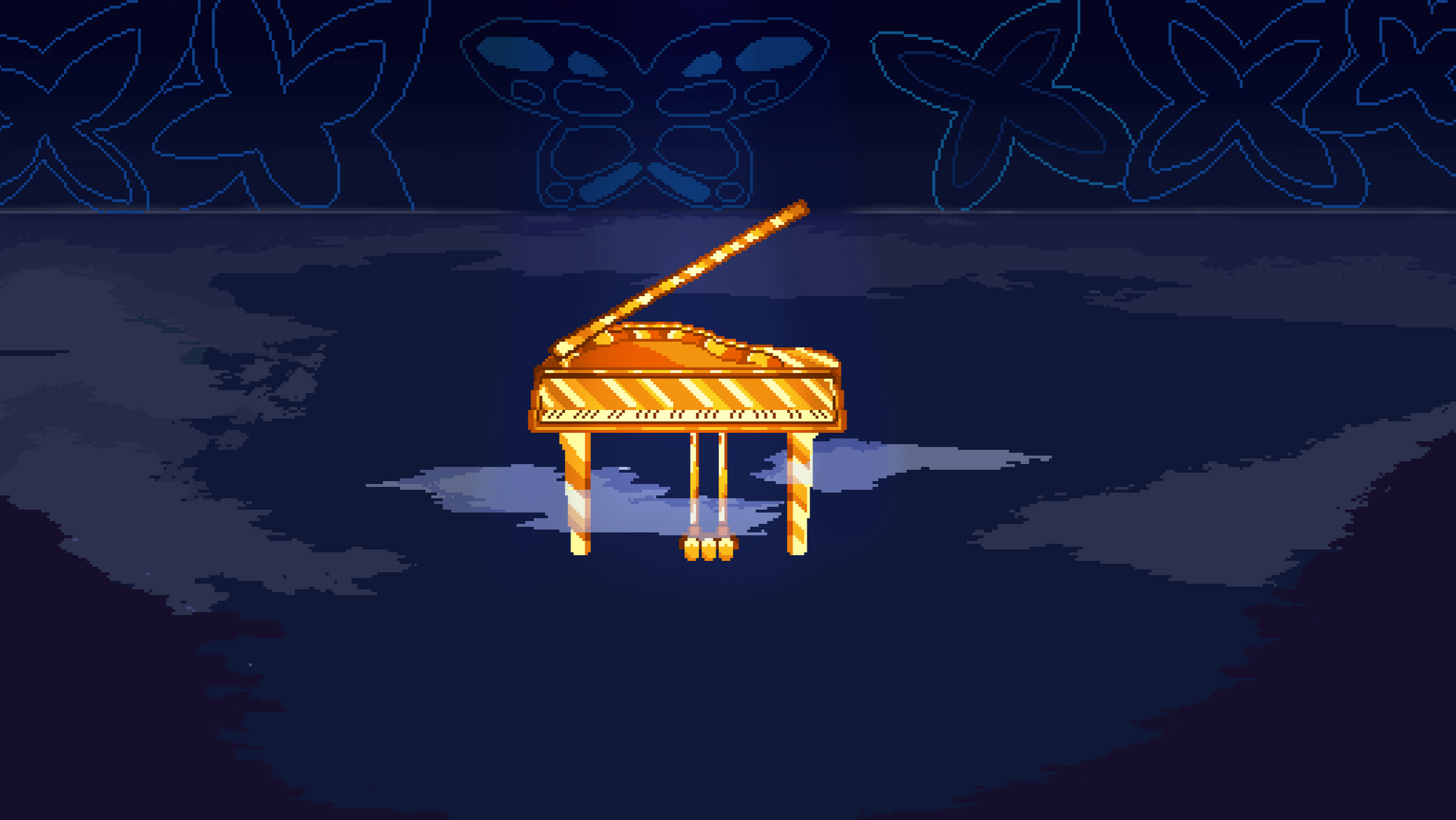 Golden Piano A Golden Piano located in a place with butterfly patterns in a foggy environment (inspired by Until Then).