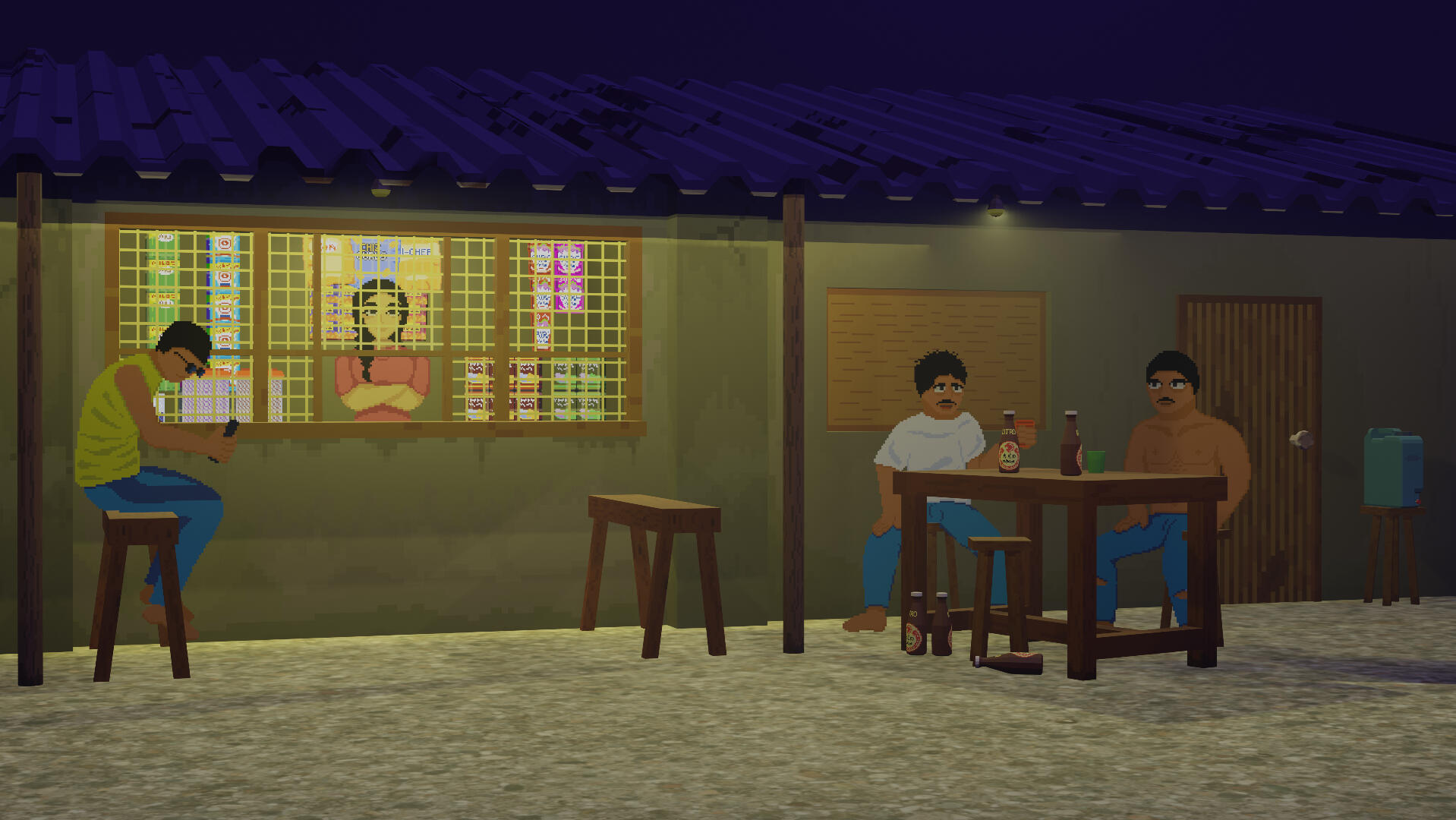 My first ever finished 2.5D pixel art project about a sari-sari store in the Philippines with men drinking outside it—common Filipino activities.